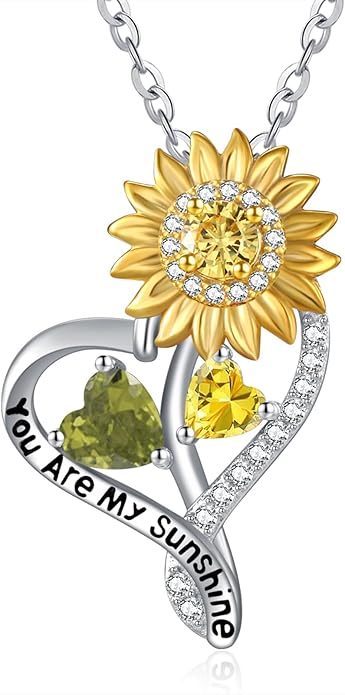 Zeuslia Double Birthstone Necklace Gifts for Wife - 925 Sterling Silver Sunflower/Rose/Crown Cross/Compass/Heart Pendant I Love You Necklace, Anniversary Birthday Gifts for Wife Girlfriend Mom Her
