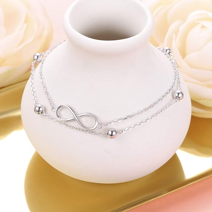 FLYOW Anklet for Women S925 Sterling Silver Adjustable Foot Beaded Heart Charm Ankle Bracelet Anklets Jewelry