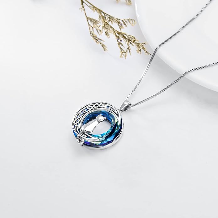 TOUPOP Christmas Cat Gifts for Cats Lovers One Two Three Four Cats Necklace Sterling Silver Cats on the Moon Pendant Necklace with Blue Circle Crystal Birthday Christmas Celtic Jewelry Gifts for Women