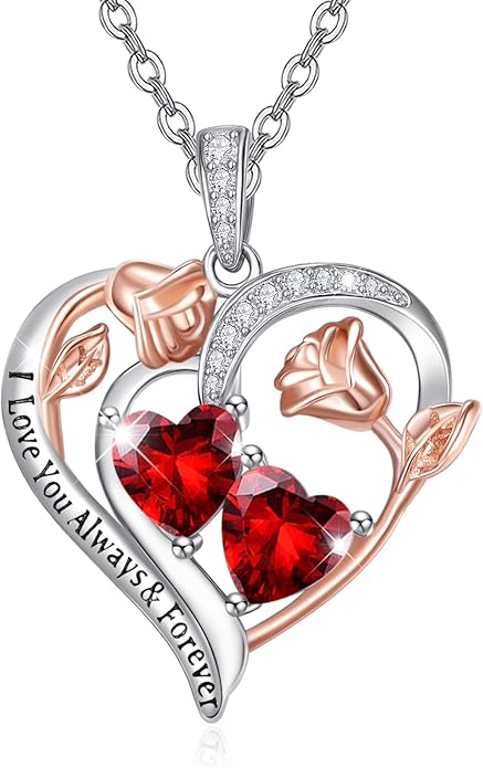 Zeuslia Double Birthstone Necklace Gifts for Wife - 925 Sterling Silver Sunflower/Rose/Crown Cross/Compass/Heart Pendant I Love You Necklace, Anniversary Birthday Gifts for Wife Girlfriend Mom Her