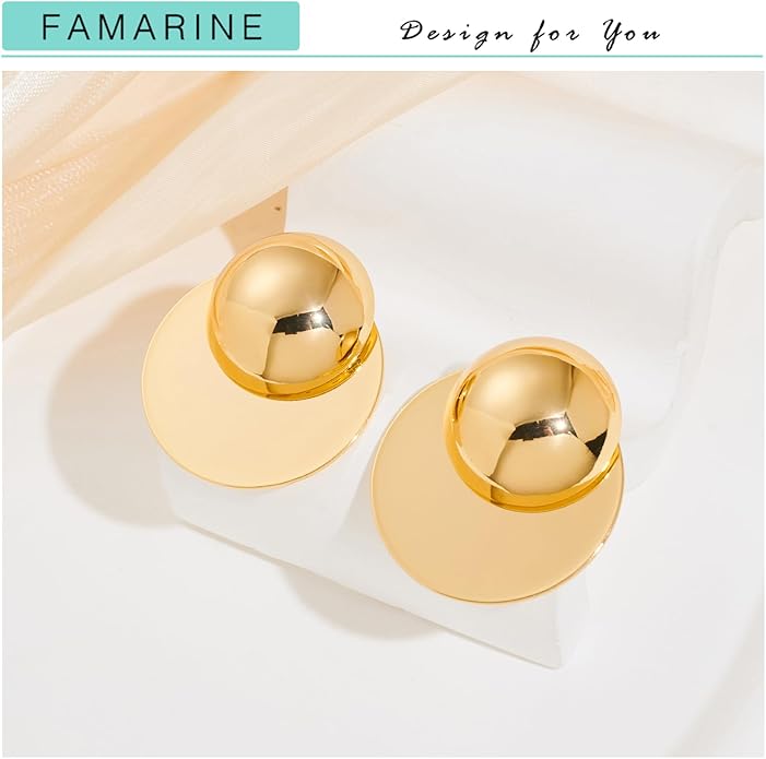 FAMARINE Big Disc Drop Earrings Gold Dangle Earrings Round Hammered Earrings Women