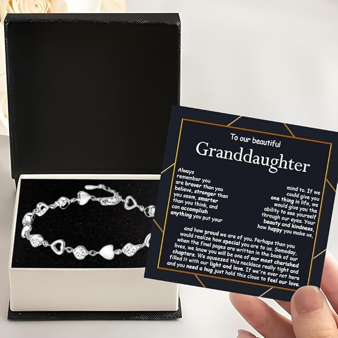 To My Granddaughter Heart Bracelet, Meaningful Jewelry Gift, Bracelet For Granddaughter from Grandma Grandpa with Message Card and Box on Christmas, Birthday, Graduation, Bracelets For Women