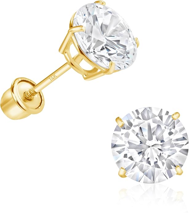 14k Gold Cubic Zirconia Stud Earrings for Women & Men (2mm-6mm Diameter) - CZ Simulated Diamond, Real Solid 14K Gold, Secure Screw Back
