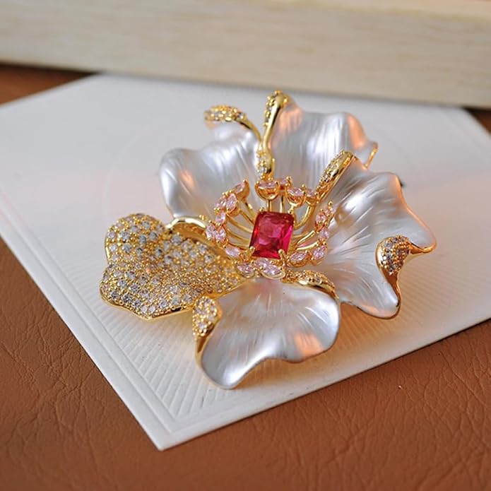 Rhinestone White Peony Brooch Pin - Gold Plated | Ideal Gift for Mom & Wife on Thanksgiving Day, Birthdays & Weddings