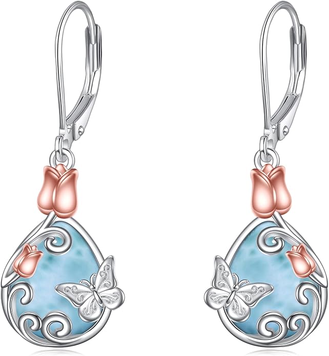 AOBOCO Butterfly/Dragonfly/Bee/Ladybug Leverback Earrings 925 Sterling Silver Rose Lotus Tulip Flower Filigree Dangle Earrings Teardrop Moonstone Larimar Turquoise Abalone Shell Jewelry Birthday Gifts for Women