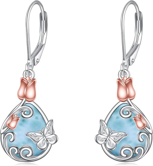AOBOCO Butterfly/Dragonfly/Bee/Ladybug Leverback Earrings 925 Sterling Silver Rose Lotus Tulip Flower Filigree Dangle Earrings Teardrop Moonstone Larimar Turquoise Abalone Shell Jewelry Birthday Gifts for Women