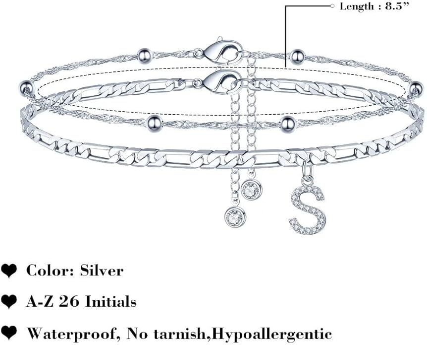 Ursteel Ankle Bracelets for Women, 14K Gold Plated Dainty Layered Chain CZ Initial Anklets Summer Jewelry Gifts for Women