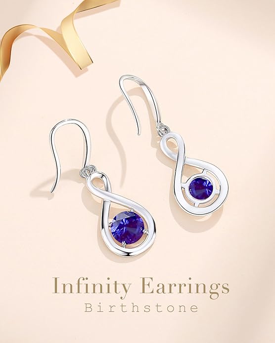 FANCIME Dangle Drop Earrings 925 Sterling Silver Dainty Infinity Round Gemstone Birthstone Jewelry Birthday Gifts for Her Women