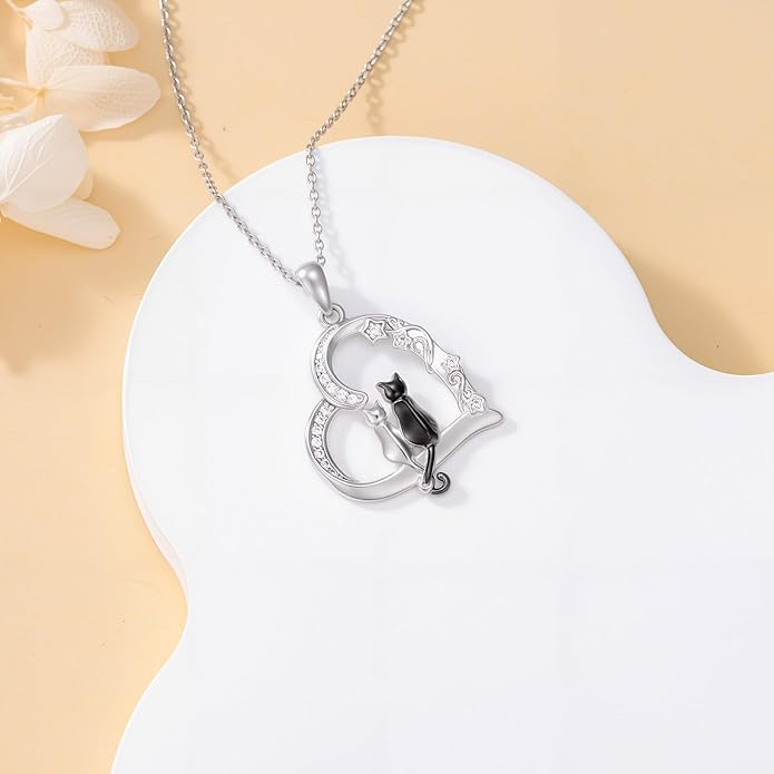 Cat Gifts for Women 925 Sterling Silver Heart Moon Cat Necklace Pendant Women Jewelry Halloween Christmas Gifts