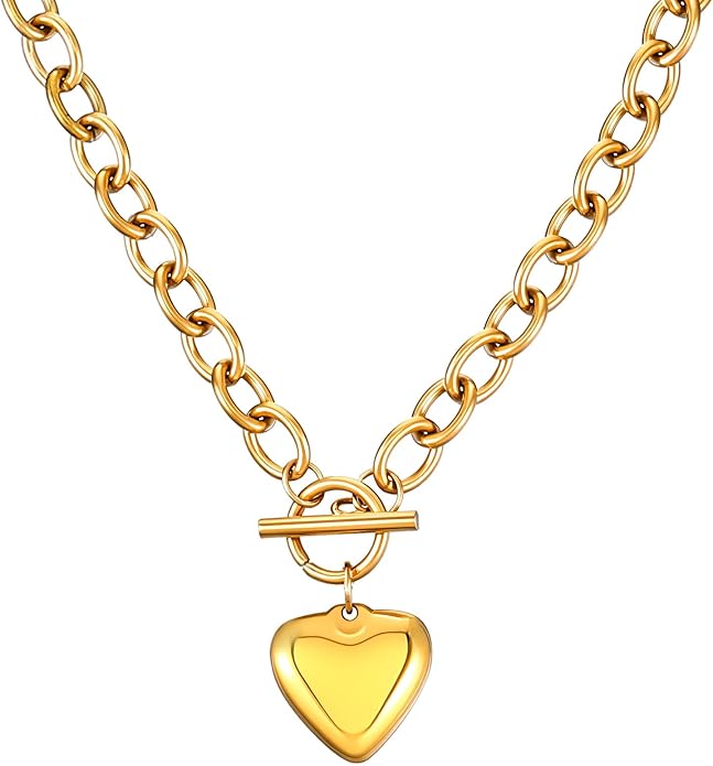 Heart Necklaces for Women Gold, Chunky Heart Necklace with Toggle Clasp Large Vintage Necklace Chunks Chain for Women Trendy Jewelry Christmas Gifts