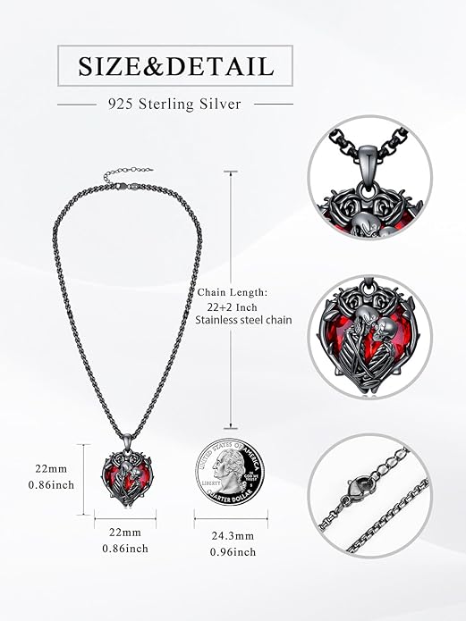 Flpruy 925 Sterling Silver Black Gothic Jewelry Gifts Skeleton Couple Pendant Crystal Birthstone Heart Necklace Punk Romantic Jewelry for Lover Men Women