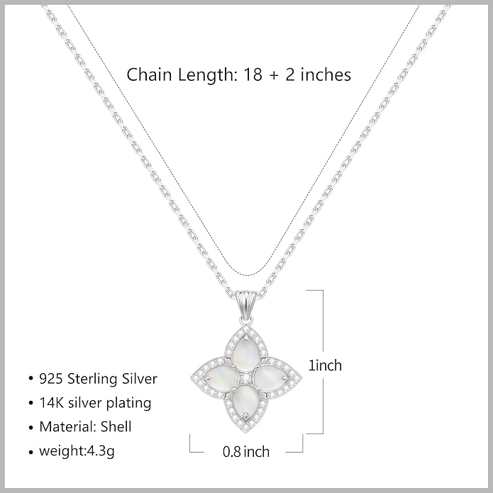 S925 Women's Sterling Silver Pendant Necklace - Classic Mother Pearl Four-Leaf Flower Necklace with Cubic Zircon, Hypoallergenic Fine Jewelry Gift