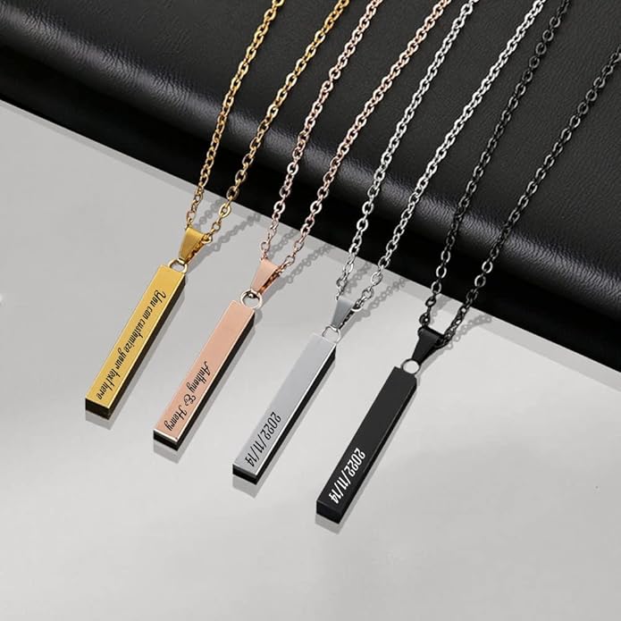 BellBlow- Personalized Bar Necklace Engraved with Name for Men Woman, Custom 3D Vertical Bar Pendant Name Chain Necklaces, 4sides Customizable Name Plate Necklace Jewelry Gift Boyfriend Girlfriend