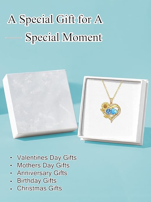 Sunflower Heart Necklace for Women 14K Gold Exquisite Anniversary Birthday Gifts for Wife Mother Her Double Birthstone Pendant jewelry‘You Are My Sunshine’