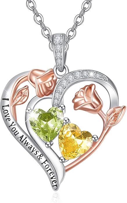 Zeuslia Double Birthstone Necklace Gifts for Wife - 925 Sterling Silver Sunflower/Rose/Crown Cross/Compass/Heart Pendant I Love You Necklace, Anniversary Birthday Gifts for Wife Girlfriend Mom Her
