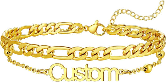 U7 Custom Layered Ankle Bracelets for Women Stainless Steel Bead/Cuban/Figaro/Rope/Wheat Chain Anklet Waterproof Anklet Jewelry for Beach Vacation