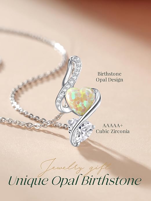 LOUISA SECRET 925 Sterling Silver Opal Birthstone Necklace, Unique Tiny Double Heart Pendant Jewelry, Engraved with "S925 I Love You" Best Birthday Gift for Women Wife Girlfriend Mom Her, Christmas Day Valentine's Day Anniversary Mother's Day