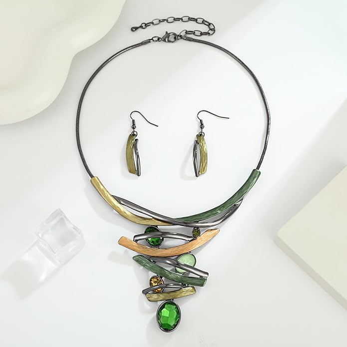 Chunky Statement Jewelry Set Vintage Retro Leaf Flower Floral Geometric Bohemian Boho Bib Necklace Earring Set Fashion Costume Jewelry for Women Girls Wedding Party Prom Unique Gift