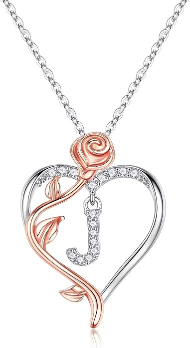 Yesteel Rose Heart Initial Necklaces Gifts for Women Teen Girls, Rose Love Heart Letter Pendant Necklace Jewelry Mothers Day Valentines Anniversary Birthday Gifts for Her Women Wife Girlfriend
