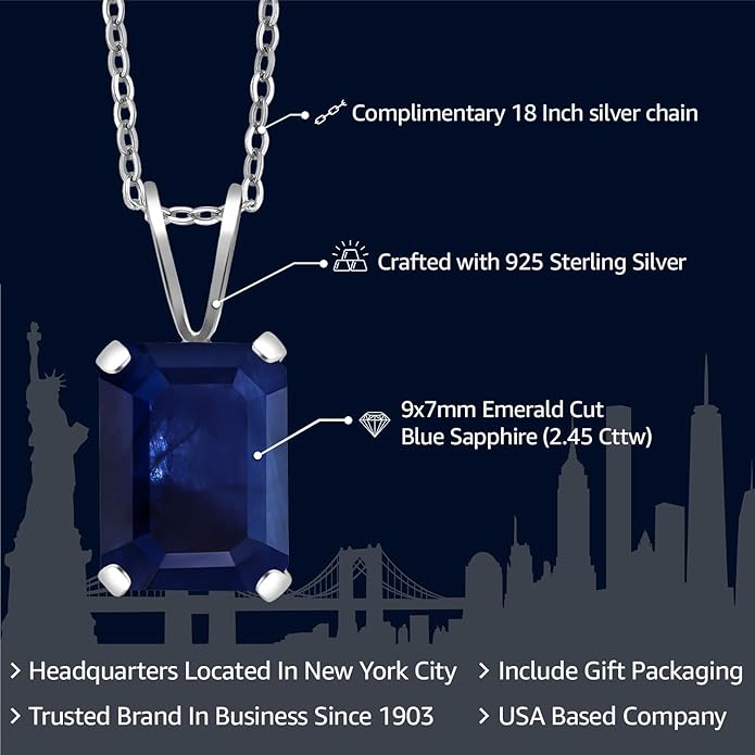 Gem Stone King Emerald Cut Pendant Necklace For Women | 925 Sterling Silver | Emerald Cut 9X7MM | Gemstone Birthstone | Fine Jewelry for Her Mom Wife | With 18 Inch Silver Chain