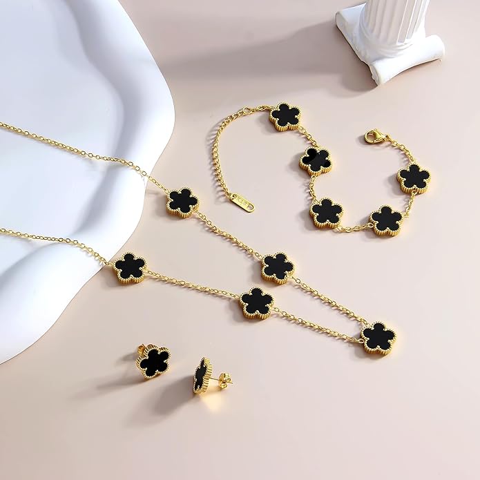 AmorArtSky Lucky Clover Jewelry Set - 18K Gold Plated Flower Design Five Leaf Bracelet, Necklace Pendant, Earrings for Women - Lucky Gifts for Mom, Wife, Daughter, Friends