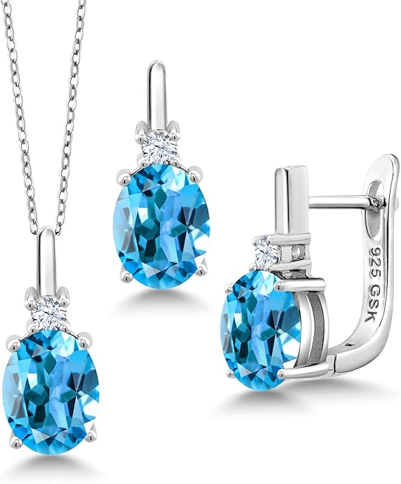 Gemstone Birthstone and White Created Sapphire Pendant and Earrings Jewelry Set for Women in 925 Sterling Silver | Oval 8X6MM and Round 2.5MM | With 18 Inch Chain | Fine Jewelry for Her Mom Women Wife