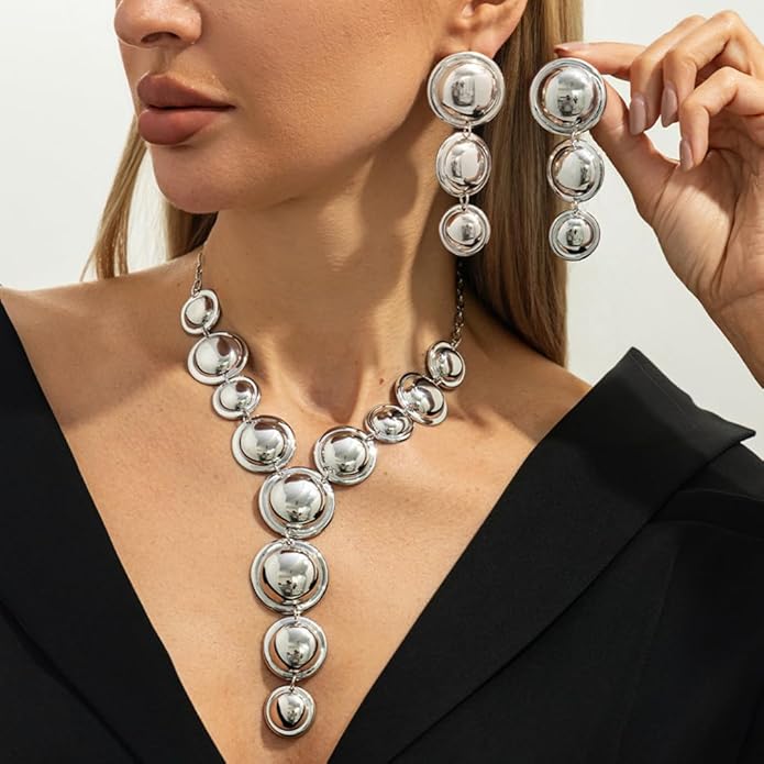 Exaggerated Chunky Gold Choker Long Y Necklace Round Drop Earring Set for Women Unique Big Geometry Silver Necklaces Large Dangly Earring Jewelry Gift