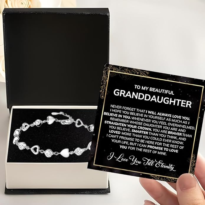 To My Granddaughter Heart Bracelet, Meaningful Jewelry Gift, Bracelet For Granddaughter from Grandma Grandpa with Message Card and Box on Christmas, Birthday, Graduation, Bracelets For Women