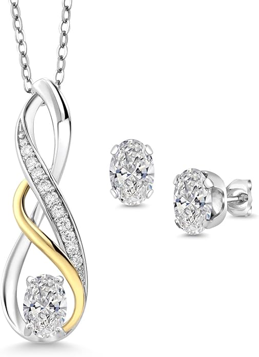 925 Silver and 10K Yellow Gold Lab Grown Diamond and White Lab Grown Diamond Pendant Earrings Jewelry Set For Women | 1.27 Cttw | Gemstone April Birthstone | Oval 6X4MM | with 18 Inch Chain