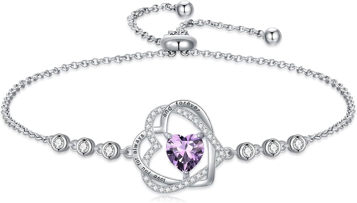 TOUPOP Heart Birthstone Bracelet 925 Sterling Silver Double Heart Bracelet Love You for Always and Forever Jewelry Anniversary Birthday Christmas Gifts for Women Wife Her