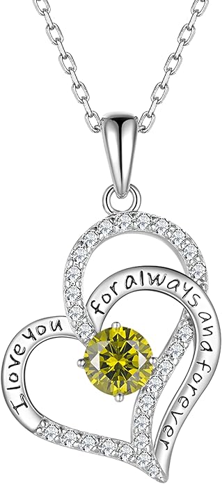 Heart Birthstone Silver Necklace for Women, S925 Sterling Silver Pendant Necklace Birthday Jewelry Gifts for Her Mother Mom Wife Girlfriend