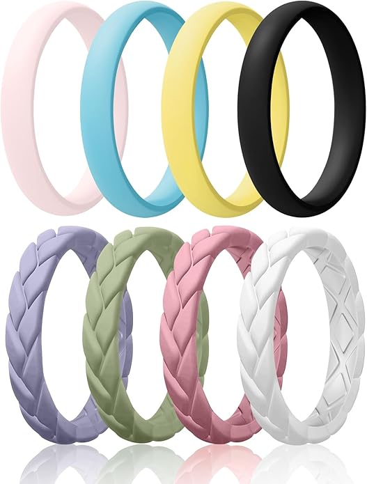 Egnaro Women's Silicone Stackable Rings 3.5mm Wide 2mm Thick, Rubber Flexible Hypoallergenic Wedding Bands For Workout Leaf Braided Fashion