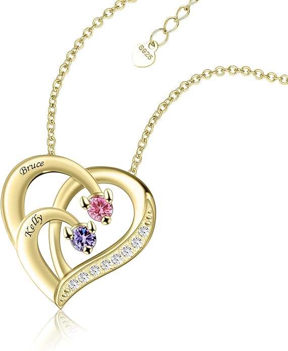 JOBFLY S925 Sterling Silver Customized 2 Birthstone Heart Necklace with 2 Name Engraved Personalized Mother Daughter Necklace Couple Jewelry Christmas Birthday Gift