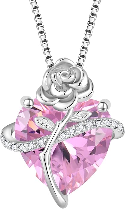 Birthstone Necklace for Women 925 Sterling Silver Love Heart Rose Flower Necklace Dainty Jewelry Gifts for Women Wife Girlfriend Mother Daughter Her