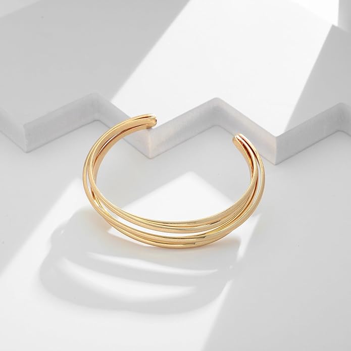 Gold Cuff Bracelet for Women Chunky Multi-layer Cross Wire Open Bracelet Hollow Wide Cuff Bracelets Adjustable Gold Open Cuff Bangle Bracelet