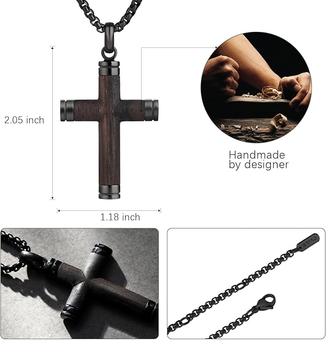 GTMJ Cross Necklace for Men -Stainless Steel & Wood Adjustable Box Chain 24-26in, Spiritual Jewelry Gift for Him, Everyday Wear