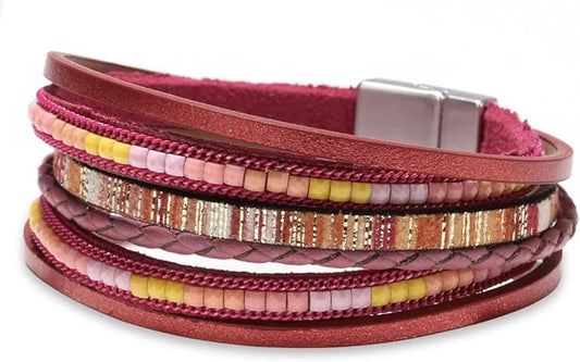 Fesciory Leather Wrap Bracelets for Women, Boho Leopard Multi-Layer Crystal Beads Cuff Bracelet Jewelry