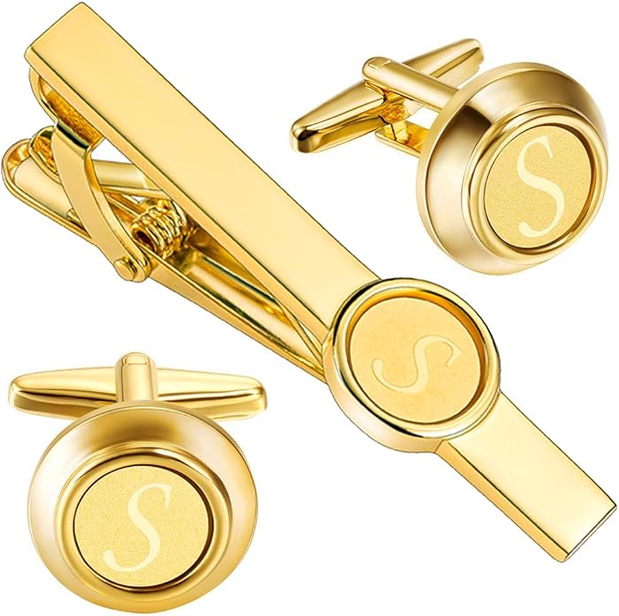 HAWSON 2 inch Tie Clips and Cufflinks Sets for Men A-Z Gold Engraved Letter Cufflinks and Tie Clips Sets for Formal Business Wedding