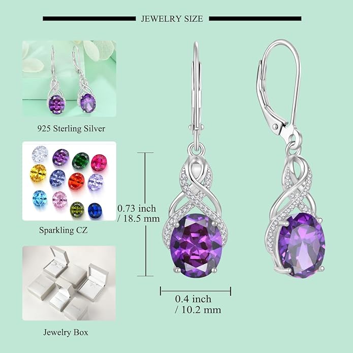 Starchenie 925 Sterling Silver Earrings for Women Infinity Dangle Earrings Amethyst Oval Cut Birthstone Jewelry Gift