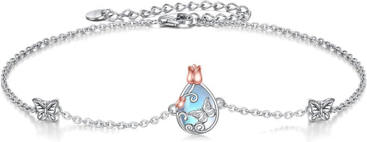 AOBOCO Sterling Silver Anklet for Women Crystal Butterfly Dragonfly Evil Eye Ankle Bracelet