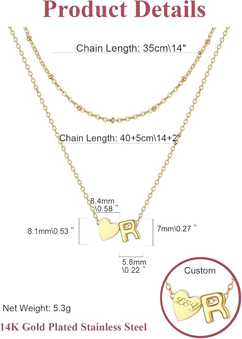 FOCALOOK Layered Initial Necklace for Women, 14K Gold Plated Choker Necklaces Stacks with Initial A-Z, Dainty Silver Heart Pendant Necklace Personalized Birthday Women Jewelry