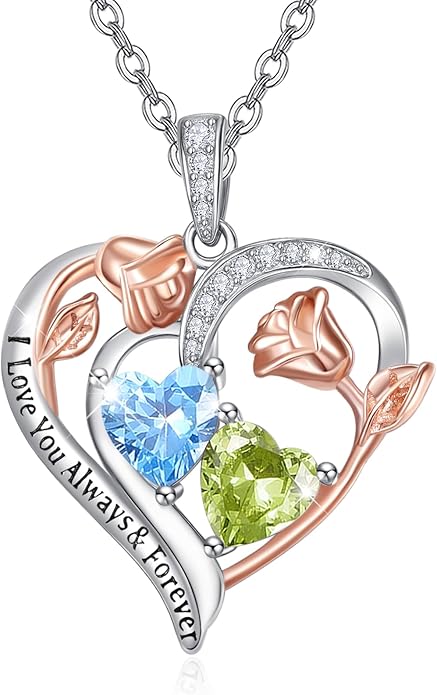 Zeuslia Double Birthstone Necklace Gifts for Wife - 925 Sterling Silver Sunflower/Rose/Crown Cross/Compass/Heart Pendant I Love You Necklace, Anniversary Birthday Gifts for Wife Girlfriend Mom Her