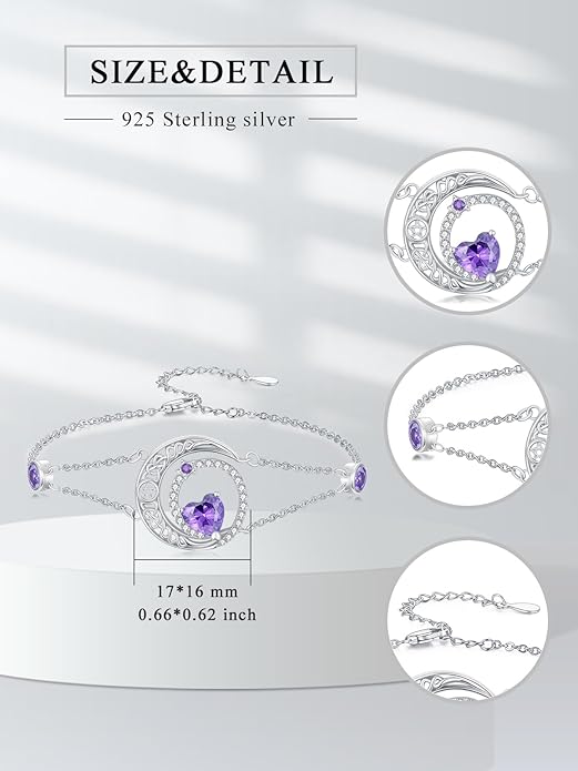 Dorunmo 925 Sterling Silver Moon Heart Birthstone Anklet Bracelets for Women Best Mother's Day Birthday Jewelry for Wife Girlfriend Mom Her