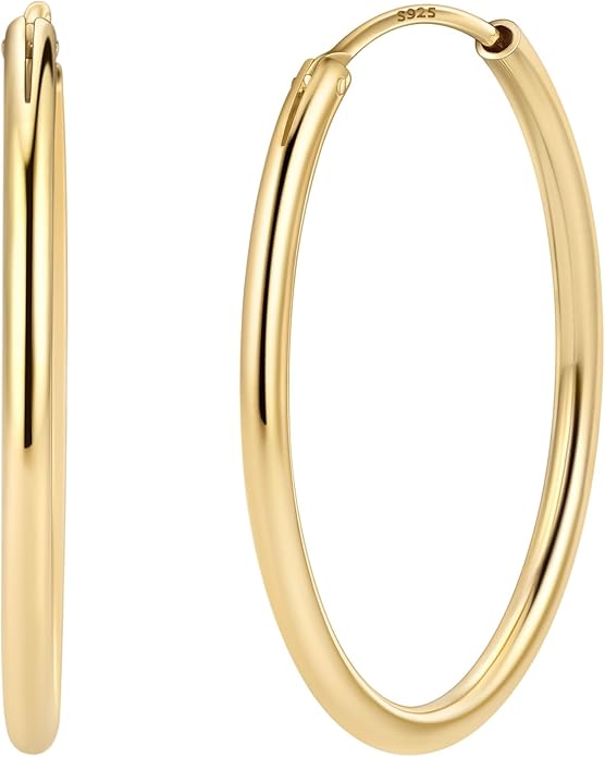 ChicSilver Hypoallergenic 925 Sterling Silver Hoop Earrings for Women, Lightweight Large Gold Plated Hoop Earrings, Endless Hoops Huggie Earrings 15/20/30/50/70MM