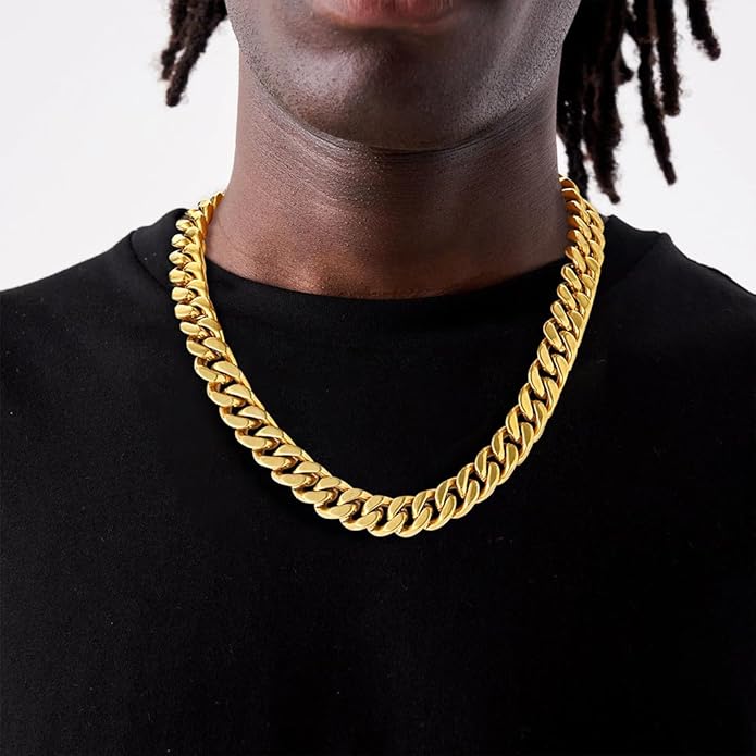 ChainsHouse Stainless Steel Mens Cuban Link Chain, Black/ 18K Gold Plated Miami Cuban Chain Necklace, 5mm/7mm/9mm/12mm/14mm Width, No Tarnish& Durable Hip Hop Mens Jewelry, 18"-30", Send Gift Box
