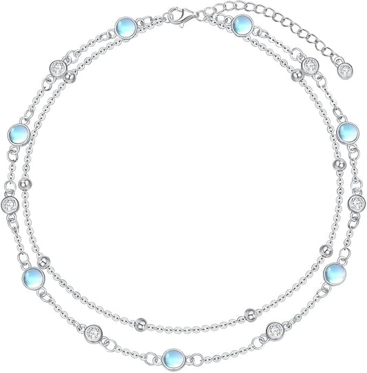 Anklets for Women 925 Sterling Silver Natural Stone Layered Anklet Beach Summer Fine Jewelry Birthday Christmas Gifts for Women Her Mom