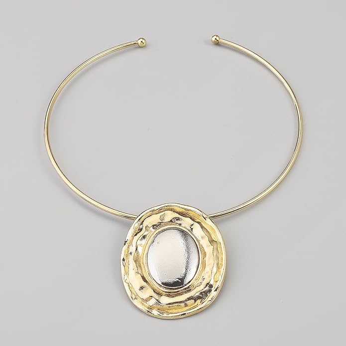 Fashion Chunky Statement Necklaces - African Choker Necklace with Gold Oval Pendant,Tribal Collar Necklace Hammered Metal Jewelry for Women