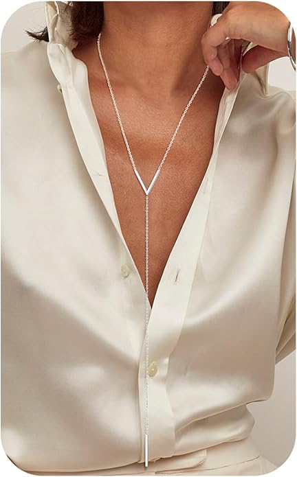 FOCALOOK Long Necklaces for Women 14K Gold Plated Dainty Drop Bar Pendant Lariat Y-Shaped Necklace Earring Set 28inch/73cm