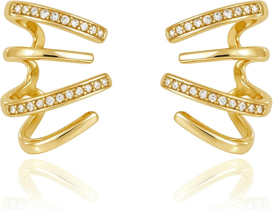 14K Gold Plated Hoop Earrings for Women Triple Huggie Illusion Stud Earring | Double Huggie Hoop Earrings for One Hole | Claw Ear Cuff Earring Jewelry Gift for Women