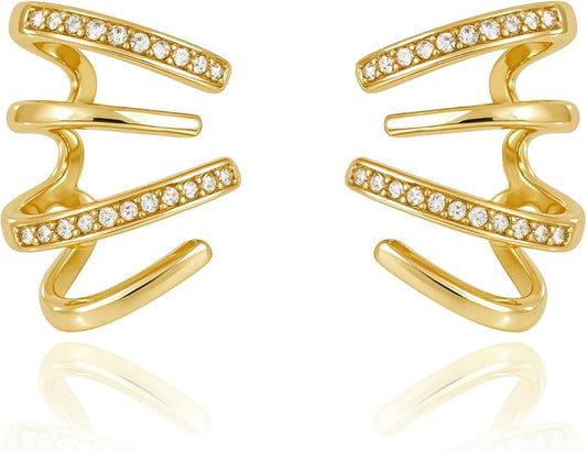 14K Gold Plated Hoop Earrings for Women Triple Huggie Illusion Stud Earring | Double Huggie Hoop Earrings for One Hole | Claw Ear Cuff Earring Jewelry Gift for Women